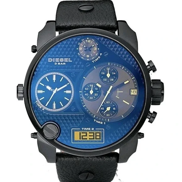Diesel Big Daddy Blue Dial Black‎ Leather Strap Watch DZ7127 Men