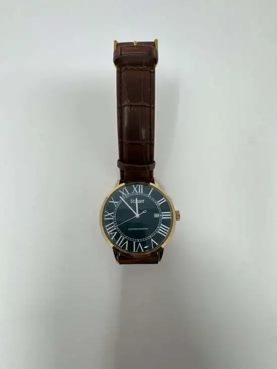 Stauer Men's Gold-Tone Round Case Watch with Roman Numerals and Brown Leather St