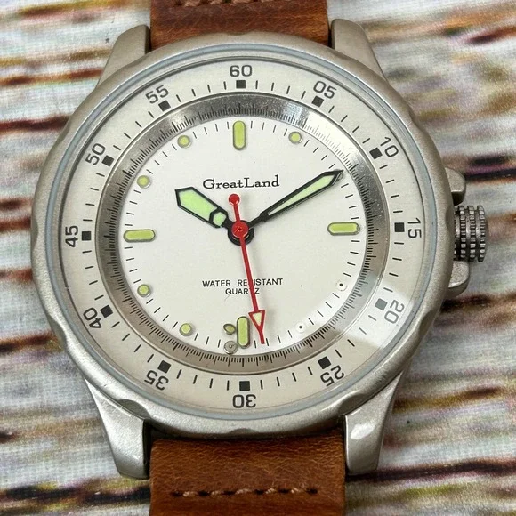 GreatLand Water Resistant Quartz Watch Brown Leather Strap Silver Tone Case‎
