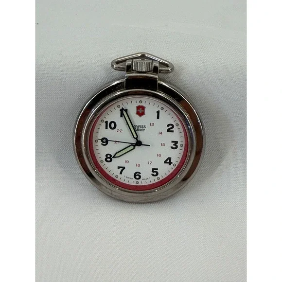 Swiss Army Victorinox Pocket Watch Silver Tone Red Bezel White Dial Swiss Made