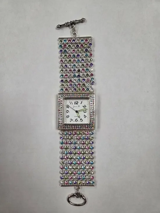 Jennie B Colorful Rhinestone Silver Square Face Women's Jewelry Boutique Watch