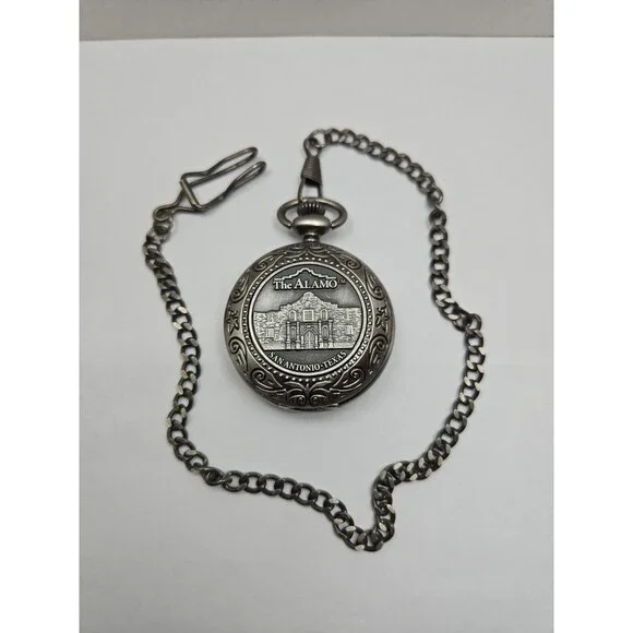 Vintage Collection Alamo San Antonio Texas Pocket Watch Chain Quartz New Battery