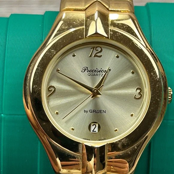 Precision by Gruen Gold Tone Quartz Watch Date Window Japan Movt‎ Tested