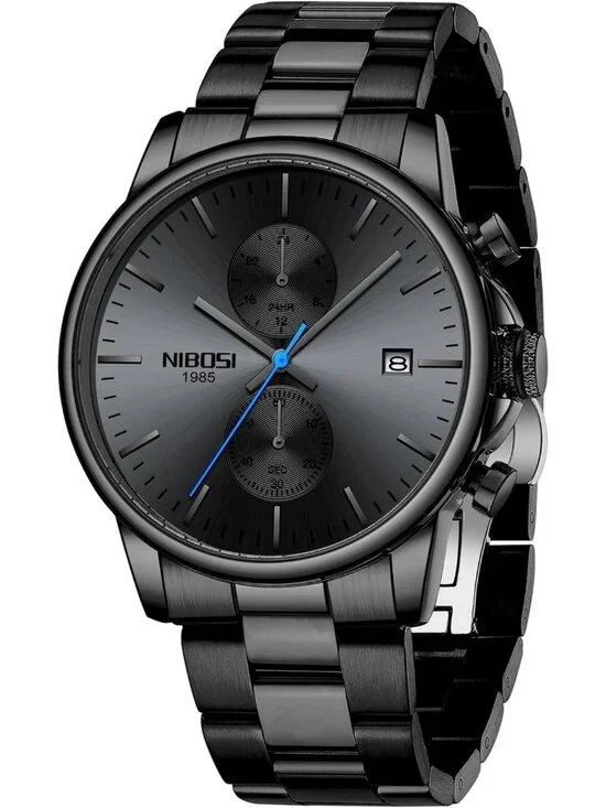 Men's Black Blue Stainless Steel Quartz Waterproof Day Date Casual Wrist Watch