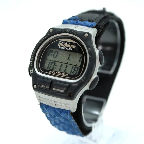 Vintage Timex Ironman Triathlon 38mm Digital Watch Black Blue w New Battery