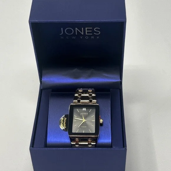 NIB Jones New York Men's Watch Gold Band Black Face Genuine Diamond
