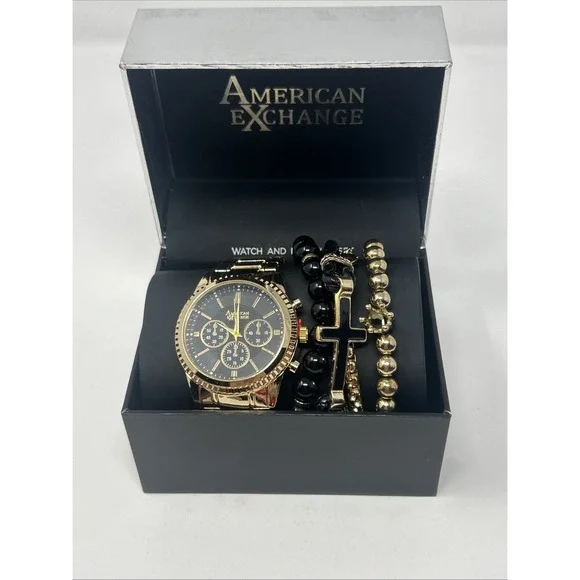 NIB American Exchange Men's Watch & Bracelet Set Gold Tone Black Face