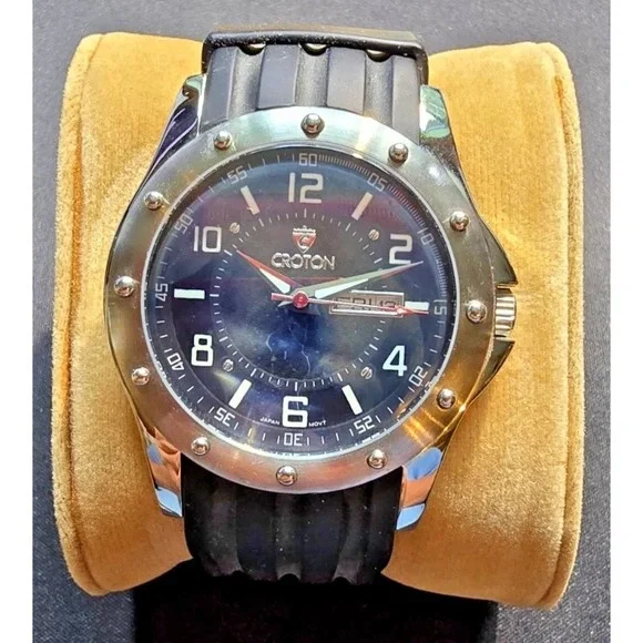 Croton CA301108 Mens Watch Black Dial Day Date Stainless Steel Rubber Strap