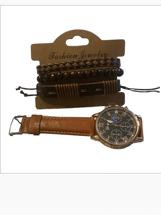 Men Round Pointer Quartz Watch & 3pcs Bracelet beautiful new brown