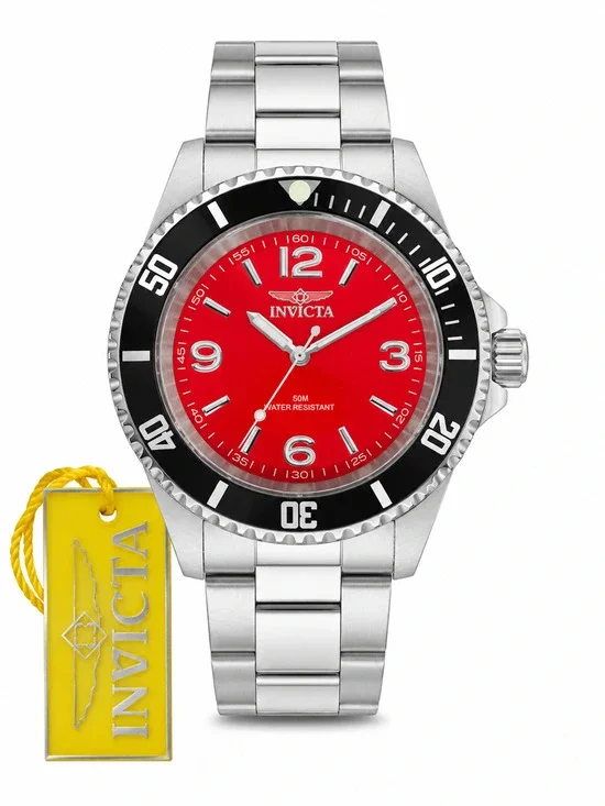 Invicta Men's Pro Diver Watch Red Dial Stainless Steel Band 50M Water Resistant