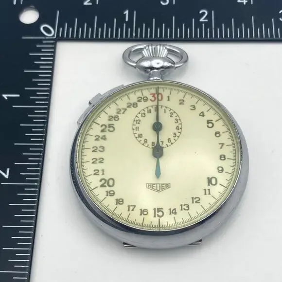 VTG Heuer Open Face Manuel Pocket Stop Watch Slide Bar 30 Sec/ 15 Minutes Works
