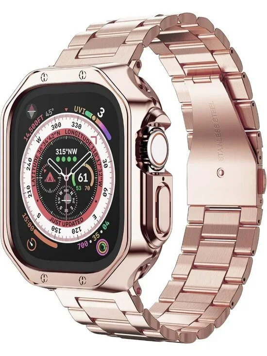 Stylish Stainless Steel Link Bracelet Band for Apple Watch Ultra 49mm, Rose Gold