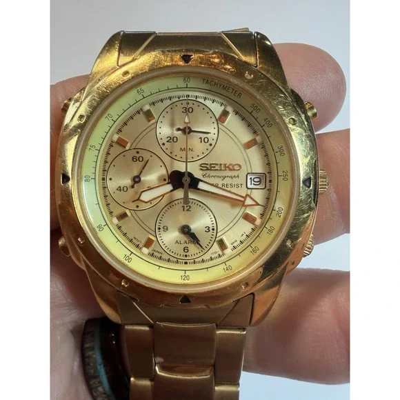 Vintage Seiko Chronograph 7T32-6M59 Gold-Tone Stainless Steel Quartz New Battery