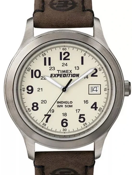Timex T49870 Silver-Tone Case with Brown Leather Strap and Natural Dial