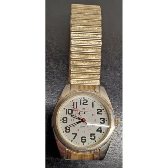 Vintage CG Quartz Watch With Gold-Tone Stretch Band & Easy Read‎ Dial-Untested