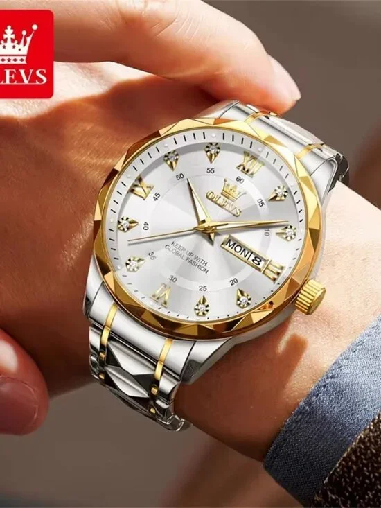 OLEVS Men's Luxury Quartz Watch White Gold Stainless Steel Waterproof Roman Dial