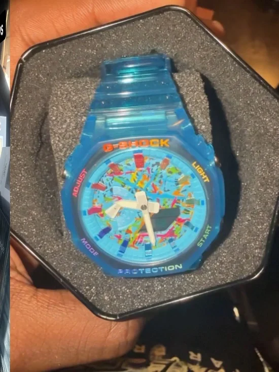 G-Shock Blue Translucent Watch with Multicolor Confetti Dial