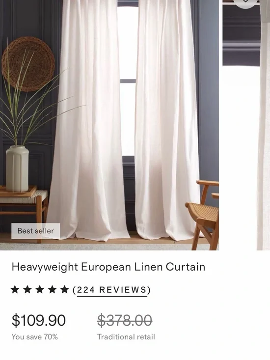 Quince Heavyweight European Linen Curtain - White | 48x108