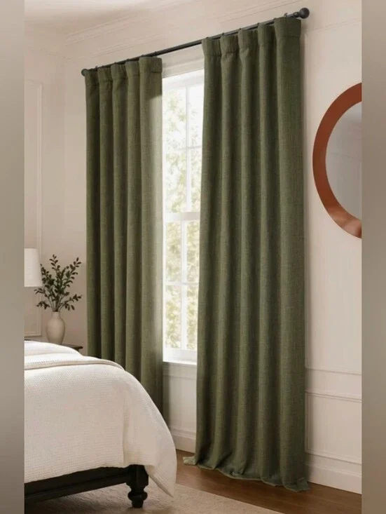 2-Faux Linen Room Darken Curtain Panel, Khaki Green -50x 84