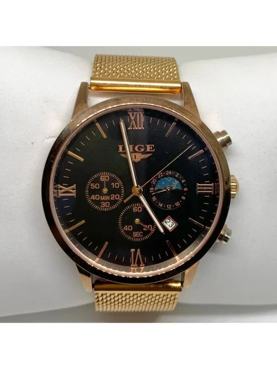 Lige Dream Mens watch date Moon Phase 44mm Gold Tone Black dial Quartz running