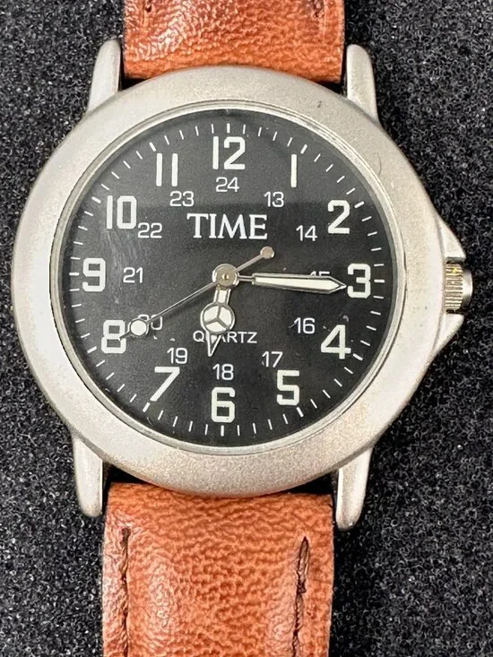 Time Watch Men Silver Tone Black Dial Brown Leather Band New Battery 9