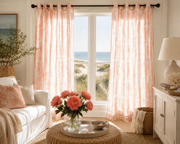 GAP Home Organic Cotton Window Curtain Pair 48x84 Coral Ikat Grommet NEW