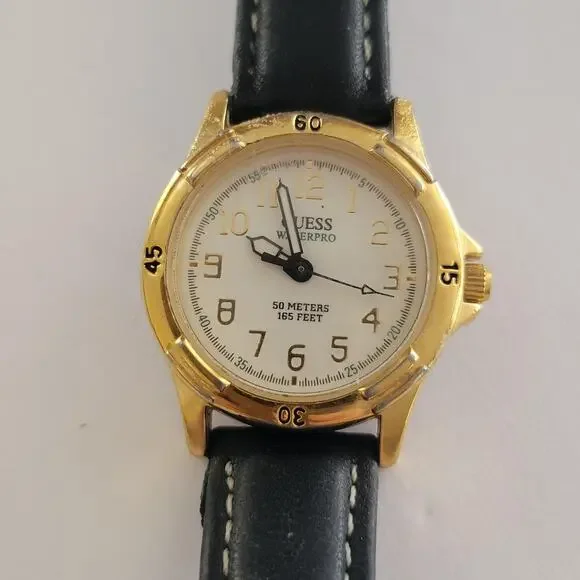 Vintage Guess Womens Watch 30mm White Dial Gold Case Black Leather Quartz