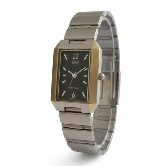 Casio Womens Watch Rectangle Black Dial Gold Case Silver Bracelet Quartz
