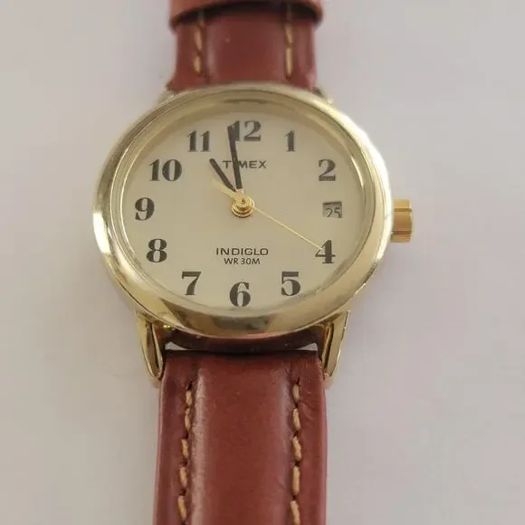 Timex Womens Watch Cream Dial Gold Case Brown Leather Strap Quartz Analog