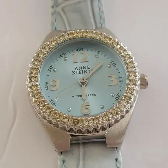 Anne Klein Womens Watch Blue Dial 30mm Silver Case Blue Leather Strap Quartz