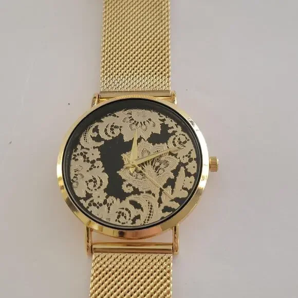 Womens Watch Black Dial 36mm Gold Case Gold Mesh Bracelet Quartz Analog