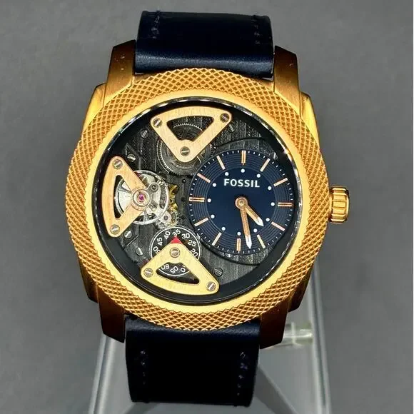 Fossil ME1158 Machine Twist Hybrid Rose Gold Blue Leather Men's Watch 45mm