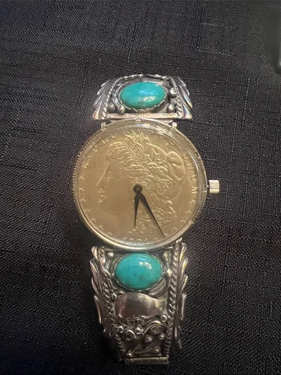 Silver Dollar custom watch w/ Sterling Silver and Turquoise Navajo Vintage Band