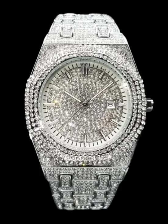 Luxury Bust Down Date VVS Iced Out Diamond Watch, Men's Hip Hop Icy Watch