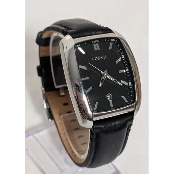 Fossil Watch Black Leather Strap Tonneau Stainless Steel Date Men's
