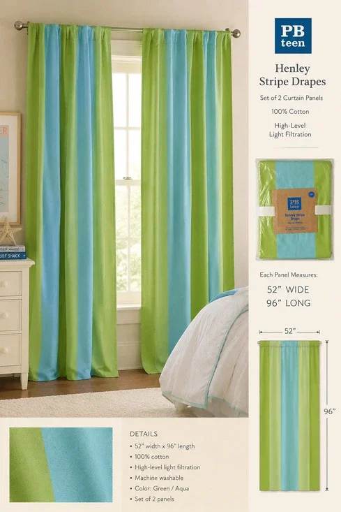 PB Teen Henley Stripe Drapes 96” Green Blue Cotton Curtain Panels Pair Coastal