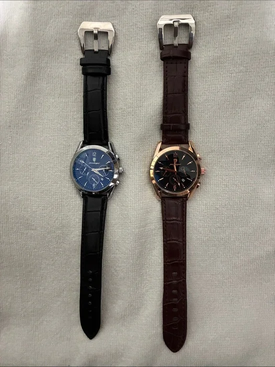 Poedagar Classic Leather Strap Watches- Black/Blue and Brown/Copper. Set of 2