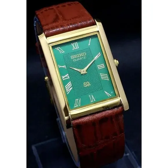 Vintage Style Seiko Quartz Mens Gold Watch & Green accents W/ Leather Strap
