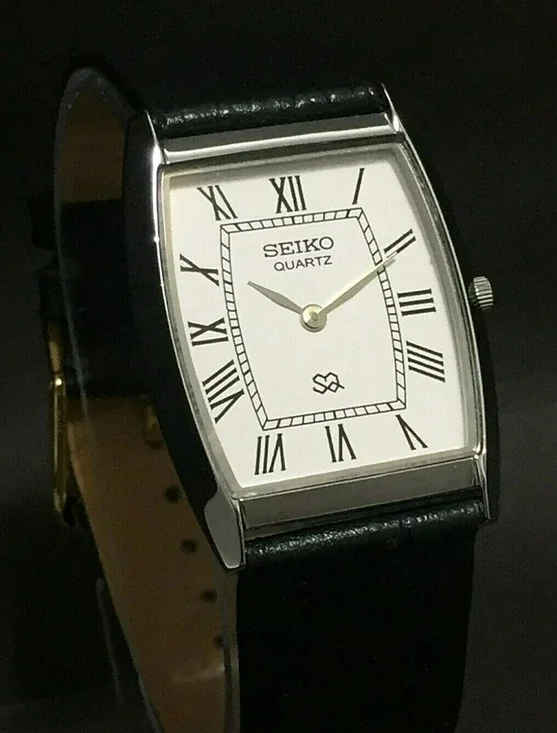 Vintage Style Seiko Quartz Mens Silver Watch & White accents W/ Leather Strap