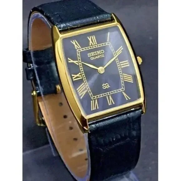Vintage Style Seiko Quartz Mens Gold Watch & Black accents W/ Leather Strap