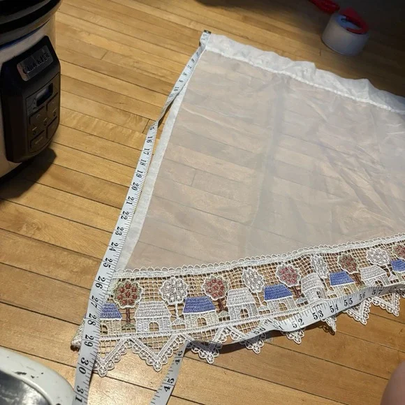 Vintage 70's Embroidered Curtain Window Valance Panels House Trees Sheer 2 Piece