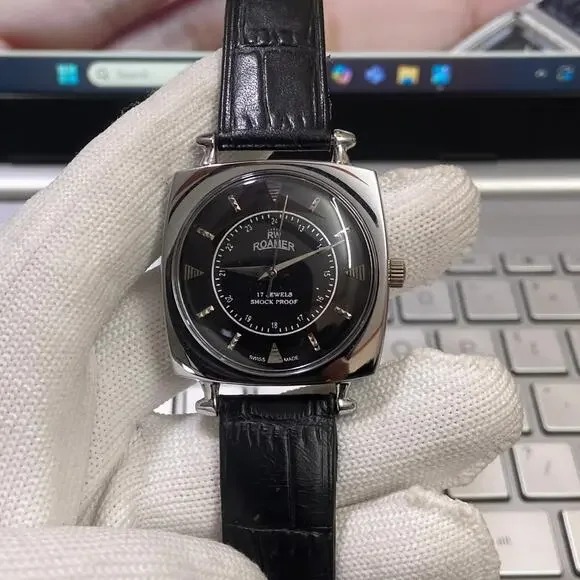 Vintage 1978 Roamer Manual Mens Silver Watch W/Leather Strap & Black accents