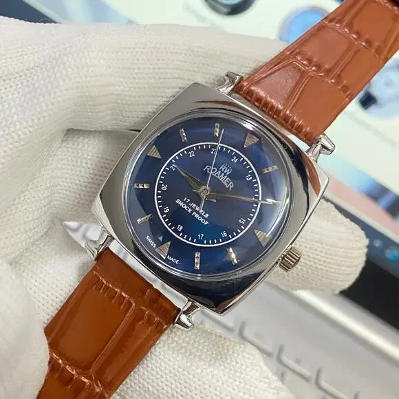 Vintage 1974 Square Roamer Manual Mens Silver Watch W/Leather Strap Blue accents