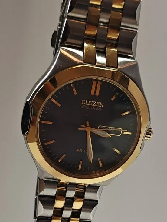 Citizen Eco-Drive Two-Tone Watch with Black Dial and Gold Accents
