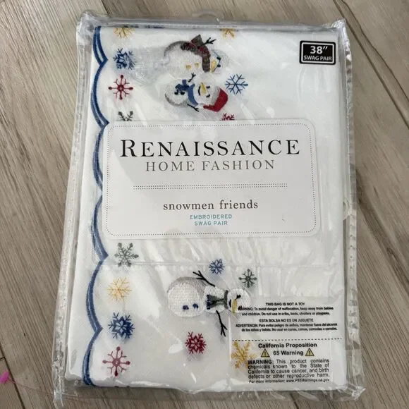 Renaissance Home Fashion Snowman Friends 38” Embroidered Pair New