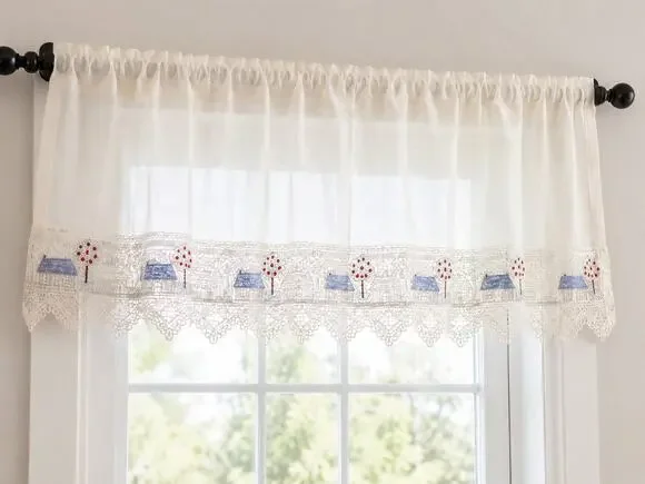 Cottage Village Lace Sheer Rod Pocket Window Valance Cream Blue Red 60x14