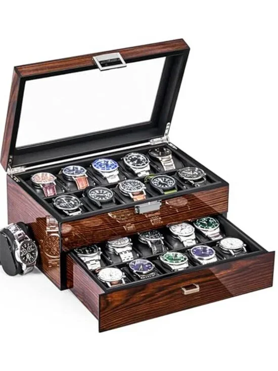 High-End Watch Box 20-Slot Wooden Watch Case with Large Glass Lid |