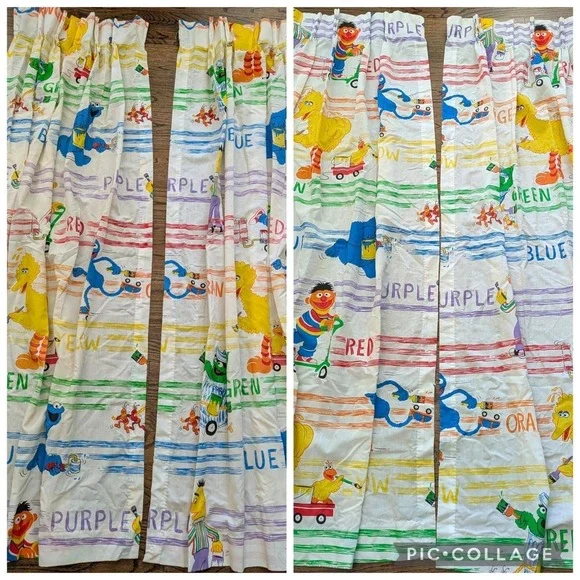 Vntg Sesame Street Characters Curtains 4 Panels 61x40 Big Bird Bert Ernie Oscar