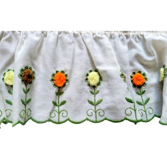 Vtg Sears 1970s Kitchen Swag Curtain Valance Embroidered Flower Power Mod Retro