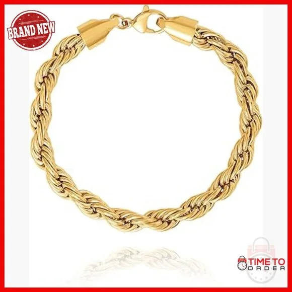 Stainless Steel Rope Chain Bracelet 8MM Gold-Tone 9 Inch Durable Link Jewelry
